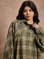 Women Green & Beige Checked Oversized Shirt-SFSHRT20531