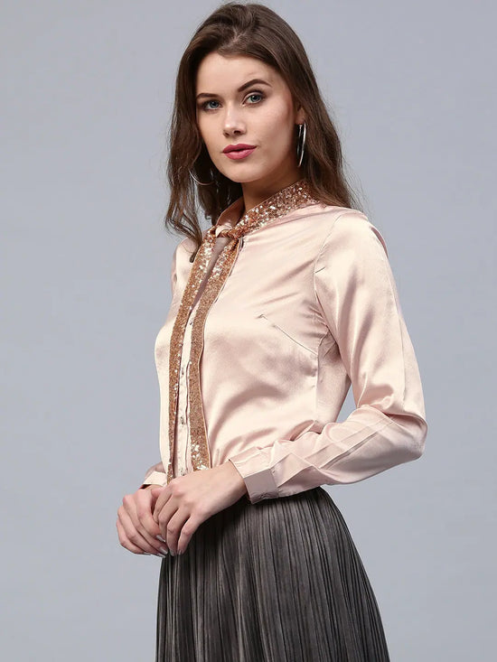 Pink Sequin Neck Tie Satin Shirt