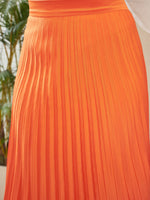 Women Orange Satin Accordion Pleated Maxi Skirt