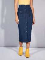 Women Blue Blast Denim Front Button Midi Skirt-SFSKRT30453