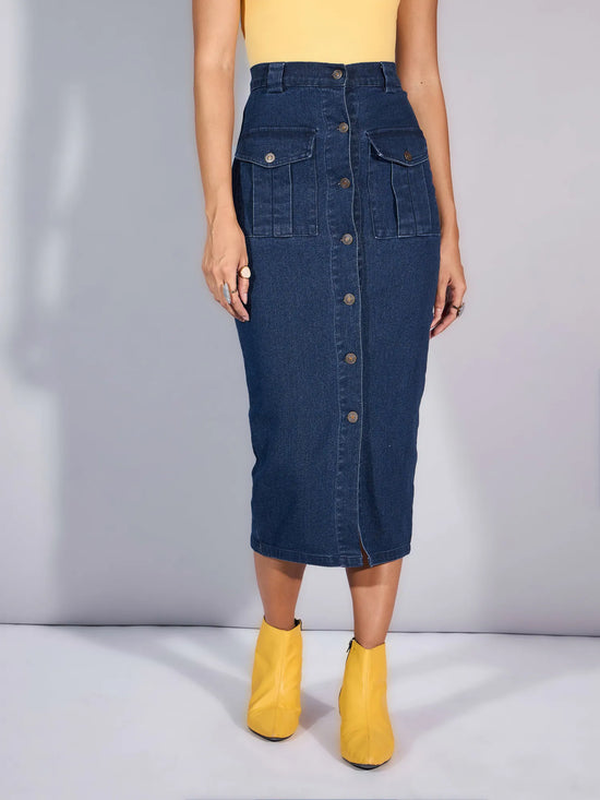 Women Blue Blast Denim Front Button Midi Skirt-SFSKRT30453