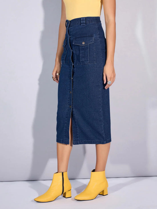 Women Blue Blast Denim Front Button Midi Skirt-SFSKRT30453