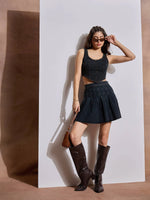 Women Black Washed Denim Pleated Mini Skirt-SFSKRT30470