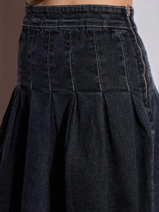 Women Black Washed Denim Pleated Mini Skirt-SFSKRT30470