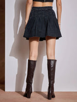 Women Black Washed Denim Pleated Mini Skirt-SFSKRT30470