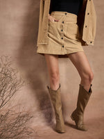 Women Beige Corduroy Front Button Mini Skirt-SFSKRT30474