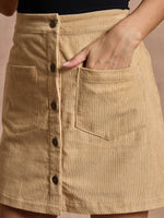 Women Beige Corduroy Front Button Mini Skirt-SFSKRT30474