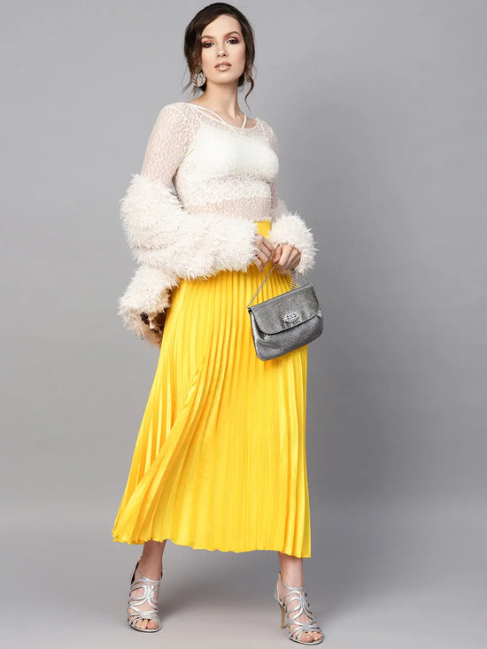 Yellow Satin Pleated Maxi Skirt