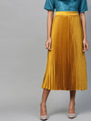 Mustard Satin Pleated Midi Skirt