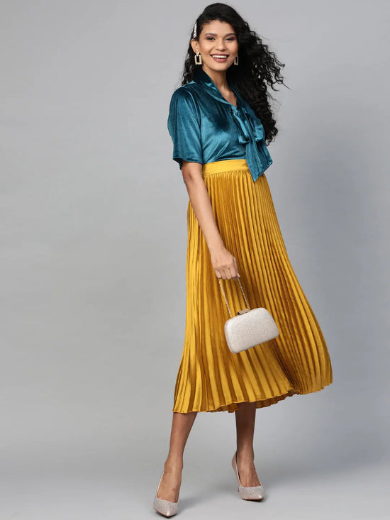 Mustard Satin Pleated Midi Skirt