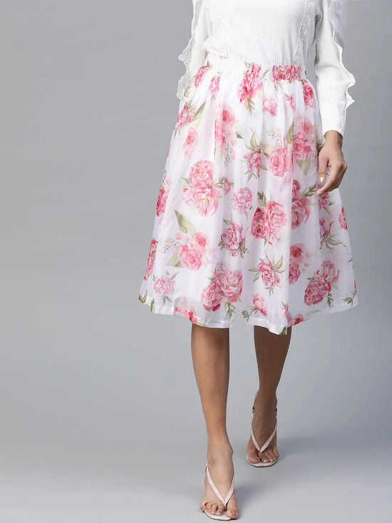 White Floral Gathered Skirt