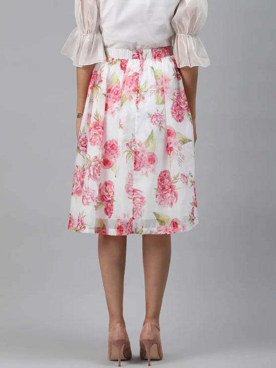 White Floral Gathered Skirt