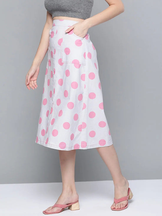 Pink & Grey Polka Front Slit Midi Skirt