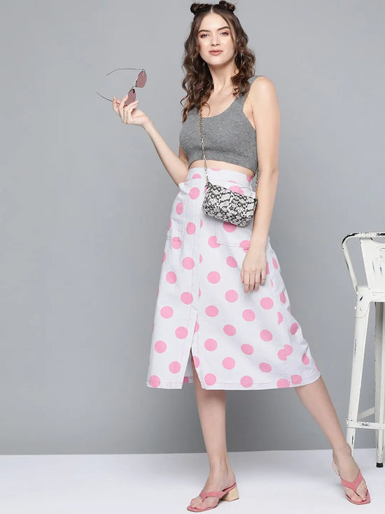 Pink & Grey Polka Front Slit Midi Skirt