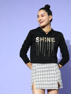 Women Black SHINE Foil Print Terry Crop Hoddie