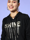 Women Black SHINE Foil Print Terry Crop Hoddie