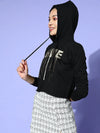 Women Black SHINE Foil Print Terry Crop Hoddie