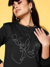 Women Black Terry Line Art Crop Sweatshirt-SFSWSH7580