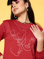 Women Red Terry Line Art Crop Sweatshirt-SFSWSH7582