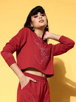 Women Red Terry Line Art Crop Sweatshirt-SFSWSH7582