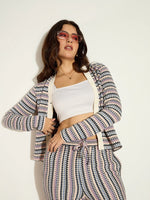 Women White Chevron Stripe Front Button Cardigan-SFSWSH7637