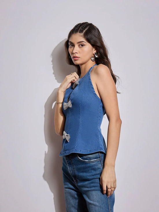 Women Blue Denim Halter Neck Top-SFTOP42108