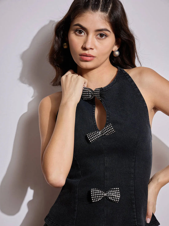 Women Black Denim Halter Neck Top-SFTOP42109