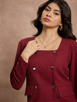 Women Red Houndstooth Check Square Neck Top-SFTOP42110