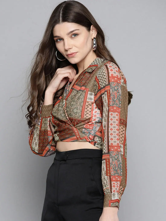 Brown Patch Tie Knot Crop Shirt Top