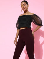 Black Mesh Lurex Ruched Crop Top