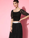 Women Black Mesh Lurex Ruched Crop Top