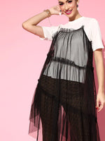 Women Black & White Asymmetric Hem Mesh Longline Top