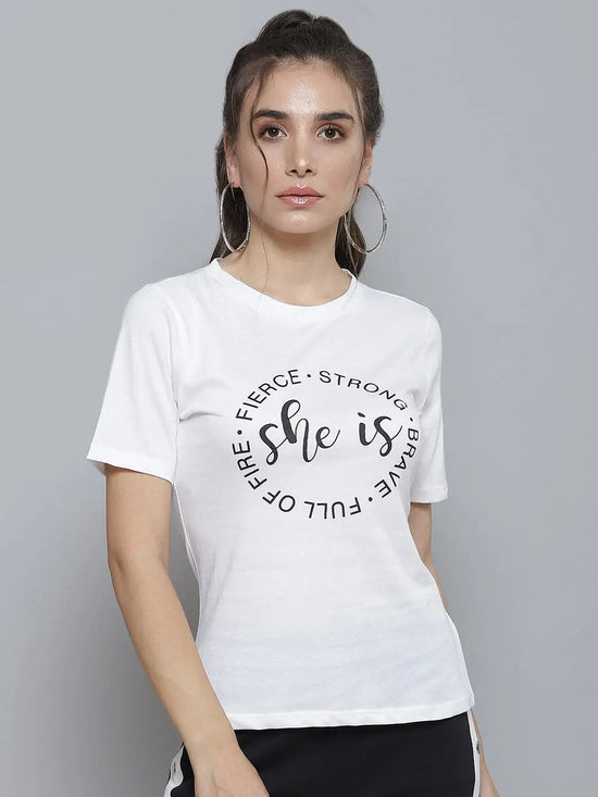 White SHE IS STRONG Print Round Neck T-Shirt