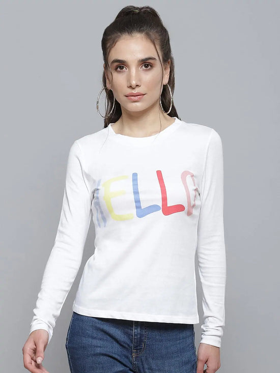 White HELLO Print Full Sleeve T-Shirt