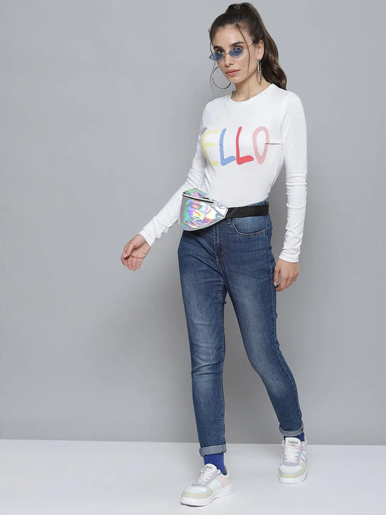 White HELLO Print Full Sleeve T-Shirt