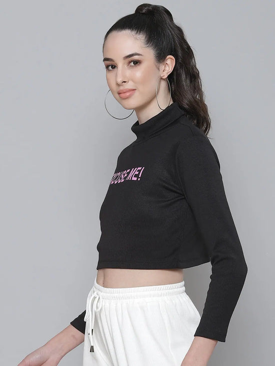 Black Rib EXCUSE ME Turtle Neck Crop Top