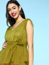 Women Green Tulle V-Neck Belted Peplum Top