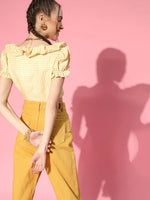 Women Yellow Gingham Check Layered Crop Top