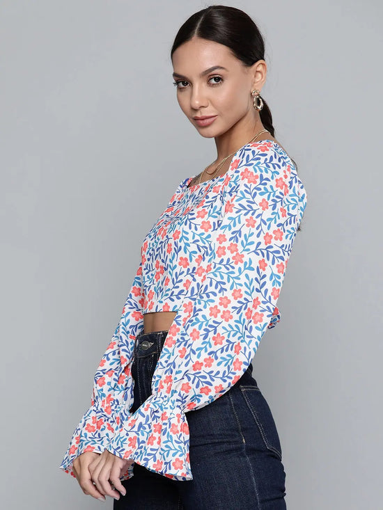 Women White Ditsy Floral Victorian Sleeve Crop Top