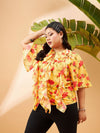 Women Yellow Floral Front Tie-Neck Ruffle Top
