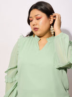 Women Mint Green Sleeve Ruffle Detail Top