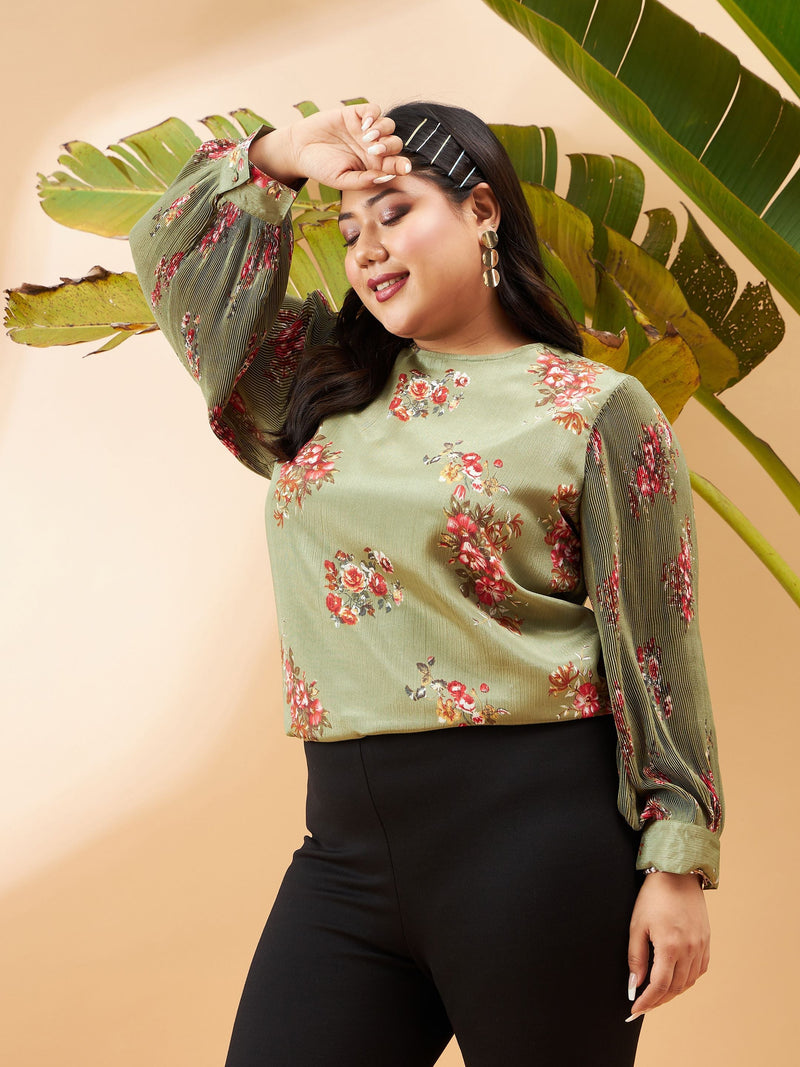 Women Green Floral Pleated Detail Top