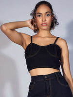 Women Black Denim Strappy Crop Top-SFTOPS42031