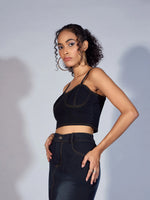 Women Black Denim Strappy Crop Top-SFTOPS42031