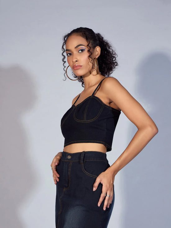 Women Black Denim Strappy Crop Top-SFTOPS42031