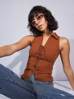 Women Brown Rib Collar Lace-Up Top-SFTOPS42040