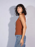 Women Brown Rib Collar Lace-Up Top-SFTOPS42040