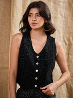 Women Black Denim Studded Waistcoat Top-SFTOPS42057