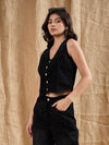 Women Black Denim Studded Waistcoat Top-SFTOPS42057