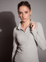 Women Grey Melange Rib Polo Neck Top-SFTOPS42070